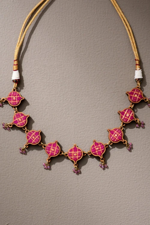 Whe Pink Festive Upcycled Fabric & Repurposed Wood Choker - Image 4