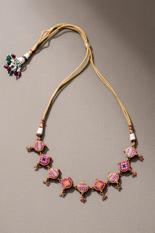 Whe Pink Festive Upcycled Fabric & Repurposed Wood Choker Necklace - Image 4