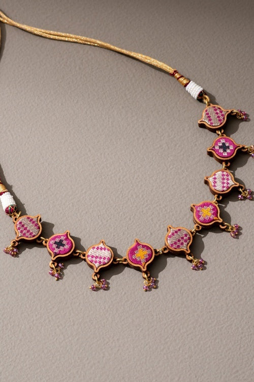 Whe Pink Festive Upcycled Fabric & Repurposed Wood Choker Necklace - Image 5