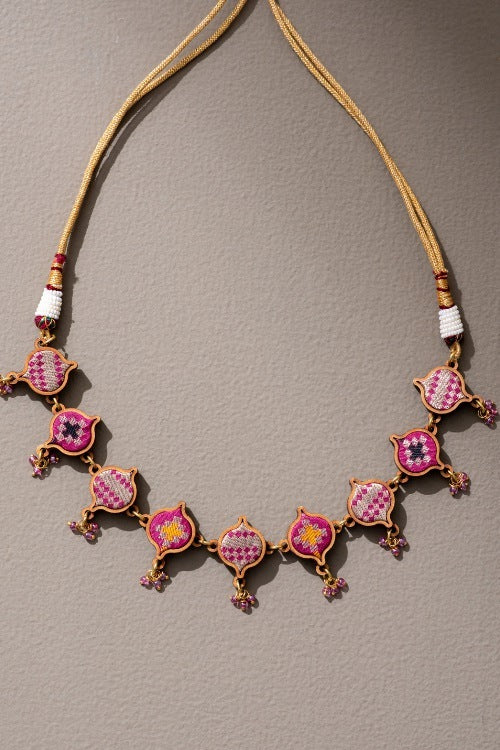 Whe Pink Festive Upcycled Fabric & Repurposed Wood Choker Necklace - Image 6