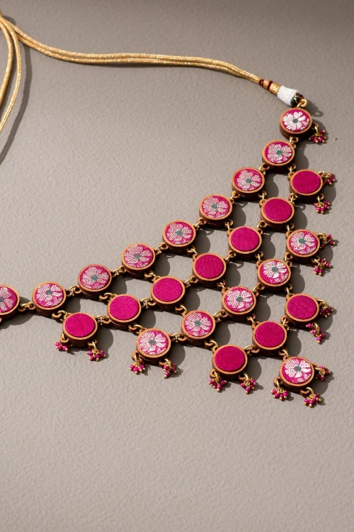 Whe Pink Pure Banarasi Upcycled Fabric & Repurposed Wood Adjustable Statement Necklace - Image 2