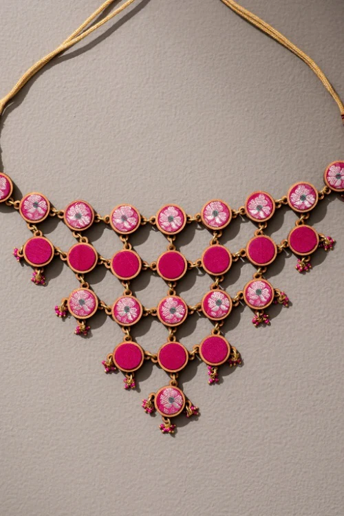 Whe Pink Pure Banarasi Upcycled Fabric & Repurposed Wood Adjustable Statement Necklace - Image 3
