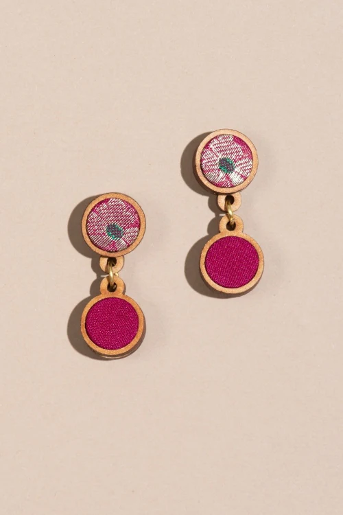 Whe Pink Pure Banarasi Upcycled Fabric & Repurposed Wood Earrings