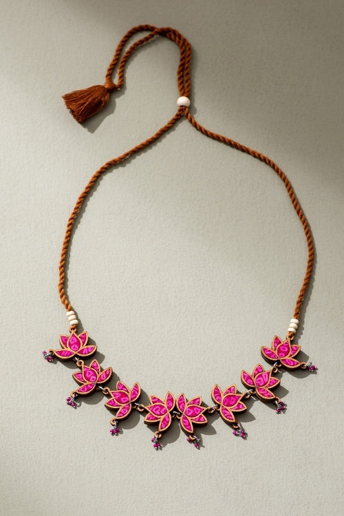 Whe Pink Pure Georgette Bandhani Upcycled Fabric & Repurposed Wood Statement Choker Lotus Necklace - Image 2