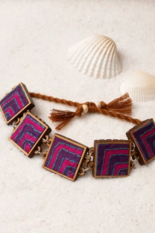 WHE Pink Purple Kantha Repurposed Silk Fabric And Wood Bracelet - Image 2