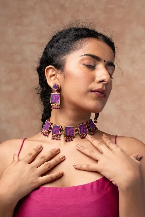 WHE Pink Purple Kantha Repurposed Silk Fabric And Wood Earrings - Image 2