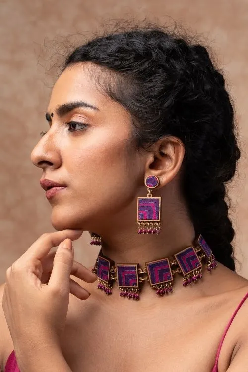WHE Pink Purple Kantha Repurposed Silk Fabric And Wood Earrings - Image 3