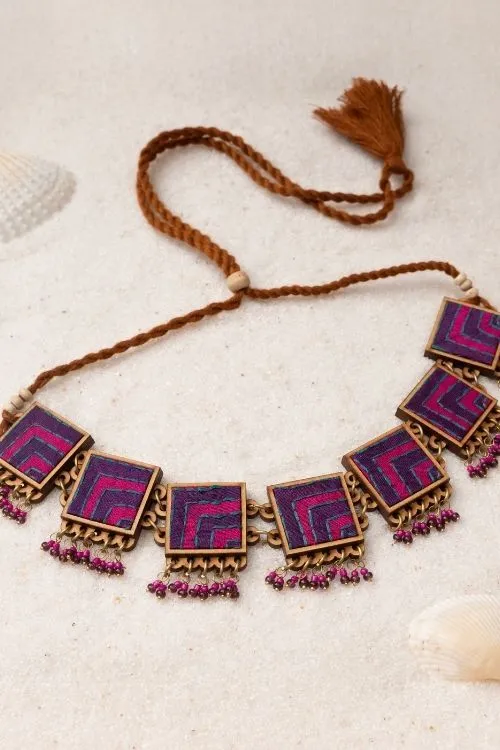 WHE Pink Purple Kantha Repurposed Silk Fabric And Wood Necklace