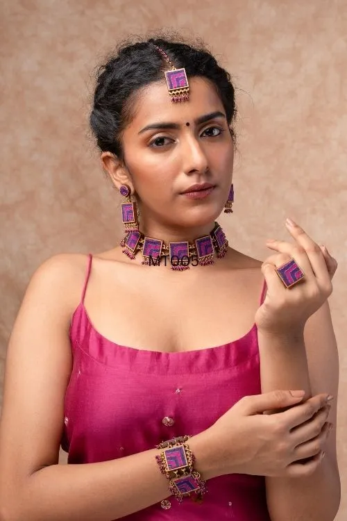 WHE Pink Purple Kantha Repurposed Silk Fabric And Wood Necklace - Image 3