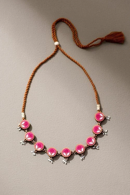 Whe Pink Upcycled Fabric And Repurposed Wood Flower Choker Necklace