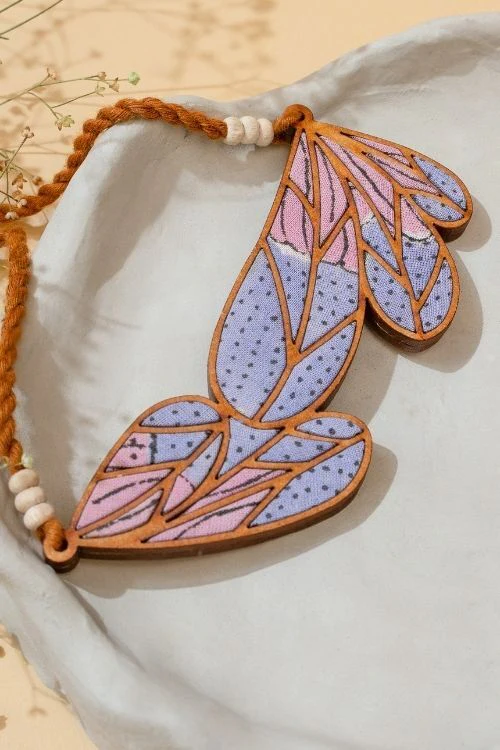 WHE Purple Bloom Leaf Motif Repurposed Fabric And Wood Necklace - Image 5
