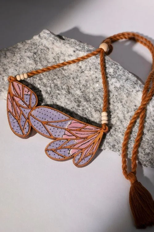 WHE Purple Bloom Leaf Motif Repurposed Fabric And Wood Necklace - Image 8
