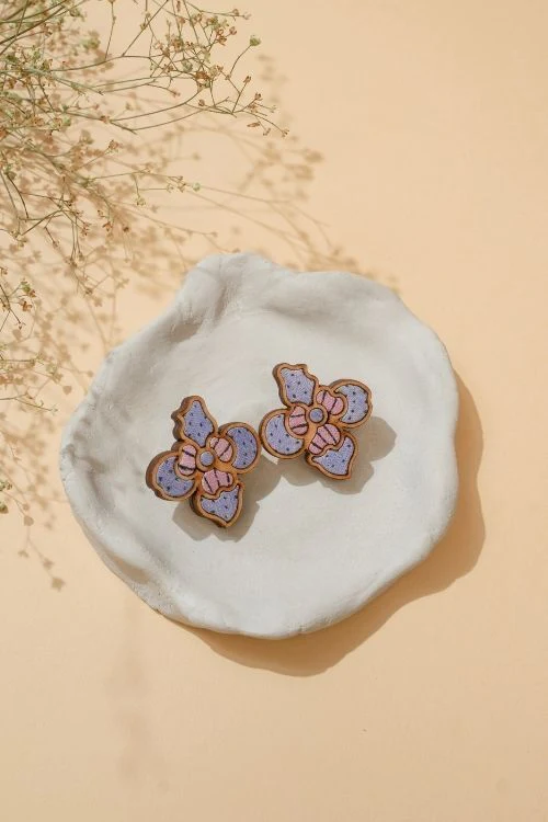 WHE Purple Bloom Repurposed Fabric And Wood Flower Studs - Image 3
