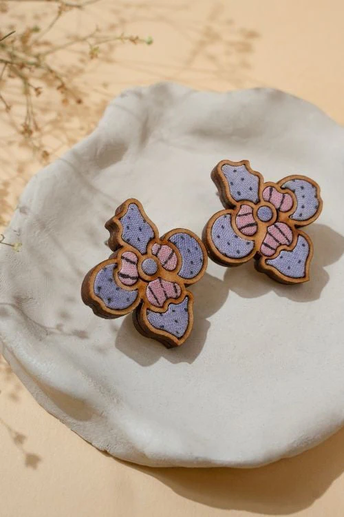 WHE Purple Bloom Repurposed Fabric And Wood Flower Studs - Image 5