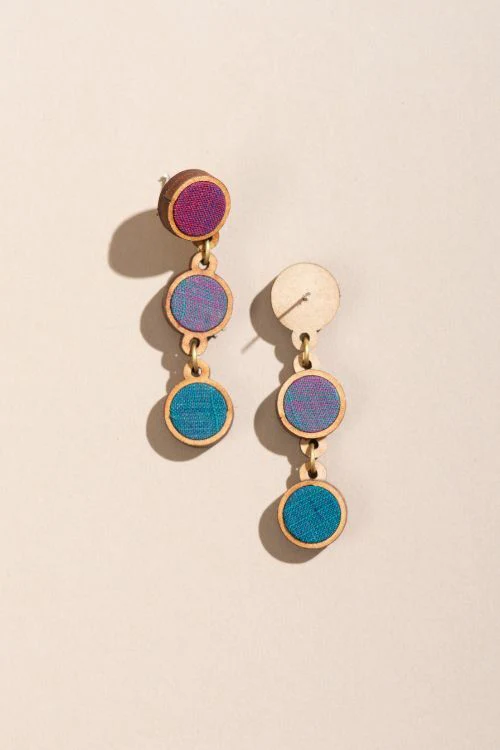 Whe Purple Blue Upcycled Fabric And Repurposed Wood Round Earring - Image 4