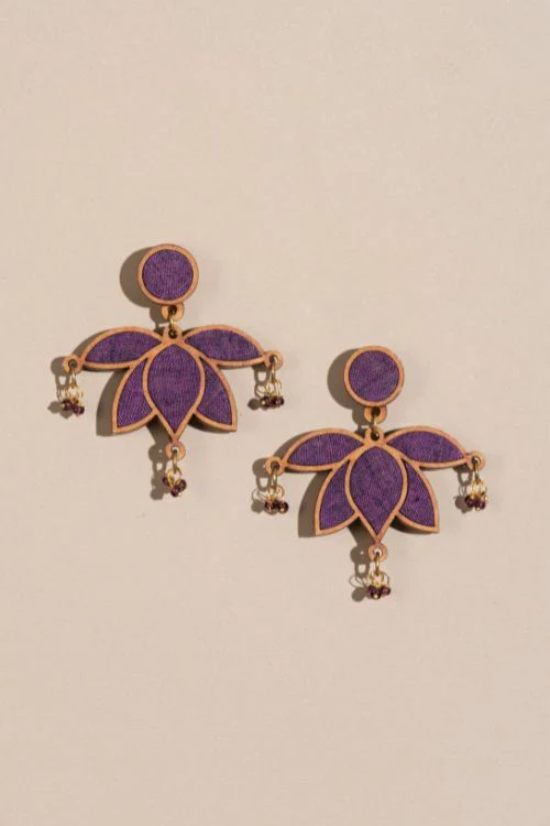 Whe Purple Lotus Upcycled Fabric And Repurposed Wood Statement Earrings