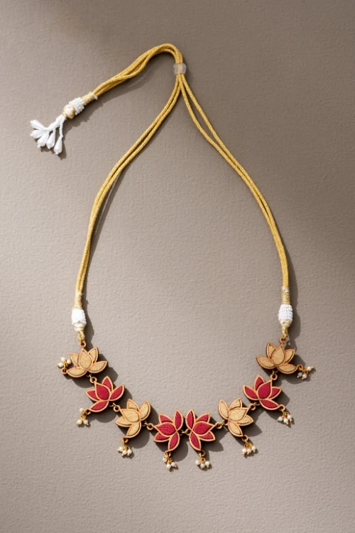 Whe Red And Gold Festive Lotus Upcycled Fabric & Repurposed Wood Statement Choker - Image 5