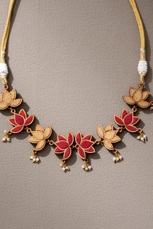 Whe Red And Gold Festive Lotus Upcycled Fabric & Repurposed Wood Statement Choker - Image 7