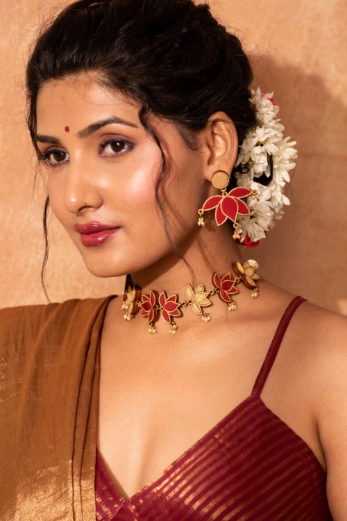 Whe Red And Gold Festive Lotus Upcycled Fabric & Repurposed Wood Statement Earrings - Image 2