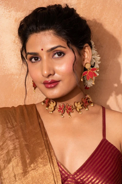 Whe Red And Gold Festive Lotus Upcycled Fabric & Repurposed Wood Statement Earrings - Image 3
