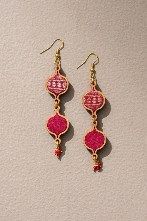 Whe Red And Gold Festive Multi Layered Upcycled Fabric & Repurposed Wood Earrings