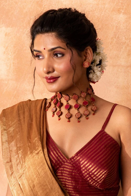Whe Red And Gold Festive Multi Layered Upcycled Fabric & Repurposed Wood Necklace
