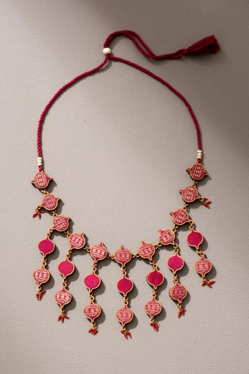 Whe Red And Gold Festive Multi Layered Upcycled Fabric & Repurposed Wood Necklace - Image 8