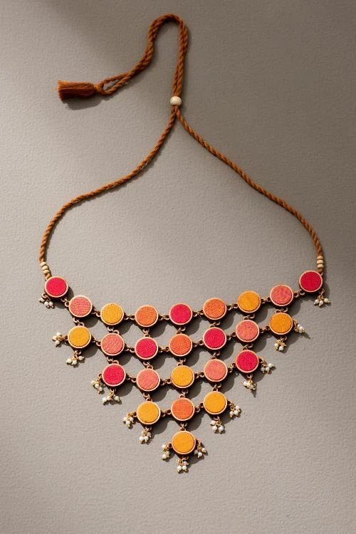 Whe Red And Orange Upcycled Fabric And Repurposed Wood Adjustable Statement Necklace - Image 4