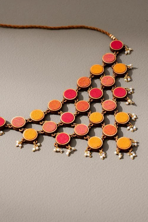 Whe Red And Orange Upcycled Fabric And Repurposed Wood Adjustable Statement Necklace - Image 5