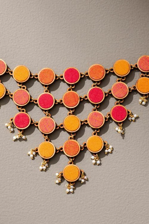 Whe Red And Orange Upcycled Fabric And Repurposed Wood Adjustable Statement Necklace - Image 6