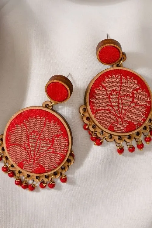 WHE Red Festive Fabric And Repurposed Wood Round Danglers - Image 2