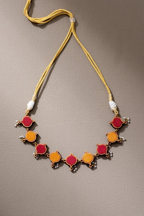 Whe Red Festive Upcycled Fabric & Repurposed Wood Choker Necklace - Image 3