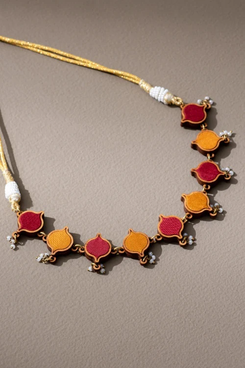 Whe Red Festive Upcycled Fabric & Repurposed Wood Choker Necklace - Image 4