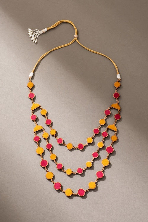 Whe Red Festive Upcycled Fabric & Repurposed Wood Elaborate Necklace - Image 6