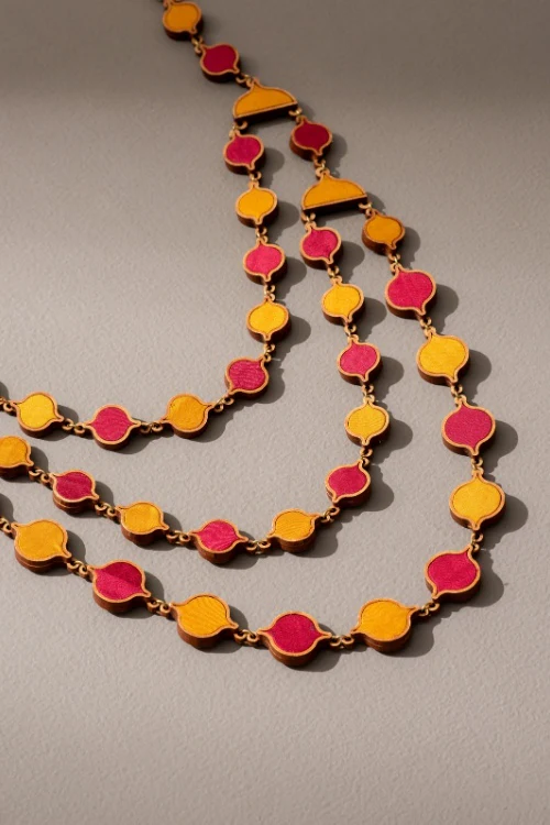 Whe Red Festive Upcycled Fabric & Repurposed Wood Elaborate Necklace - Image 7