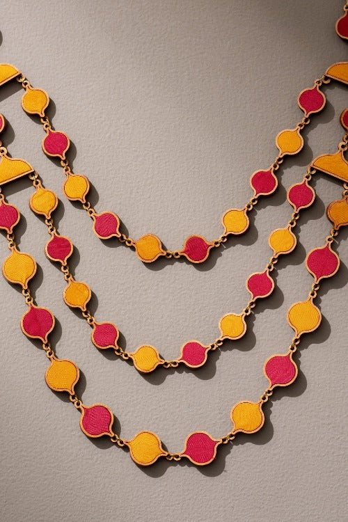 Whe Red Festive Upcycled Fabric & Repurposed Wood Elaborate Necklace - Image 8