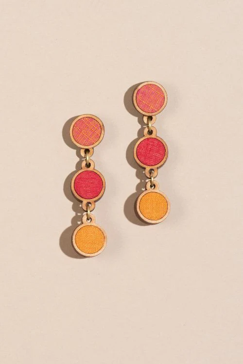 Whe Red Orange Festive Upcycled Fabric And Repurposed Wood Round Earring