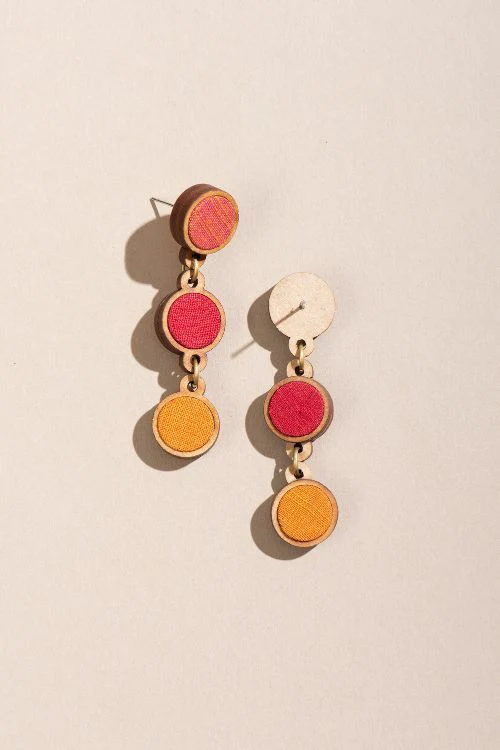 Whe Red Orange Festive Upcycled Fabric And Repurposed Wood Round Earring - Image 4