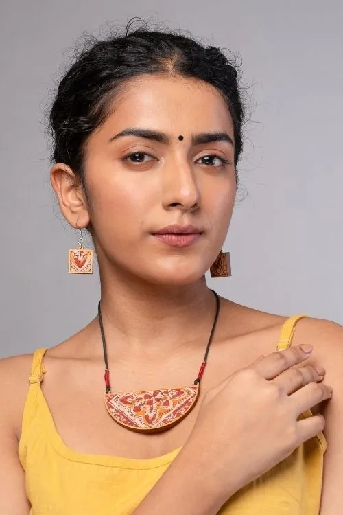 WHE Red Repurposed Kalamkari Fabric And Repurposed Wood Pendant
