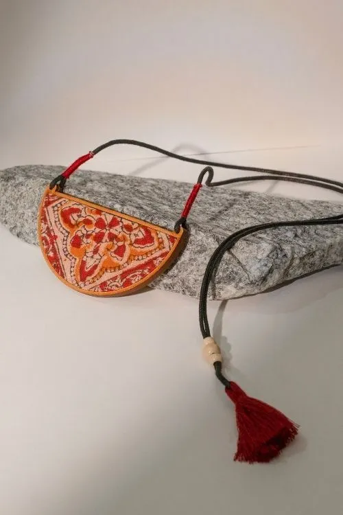 WHE Red Repurposed Kalamkari Fabric And Repurposed Wood Pendant - Image 2