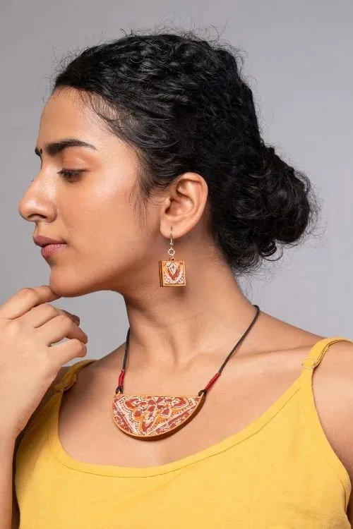 WHE Red Repurposed Kalamkari Fabric And Repurposed Wood Pendant - Image 3