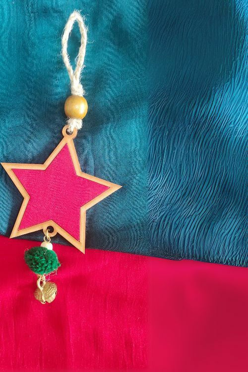 WHE Red Star Repurposed Wood And Upcycled Fabric Reversible Christmas Charm Combo Of 3