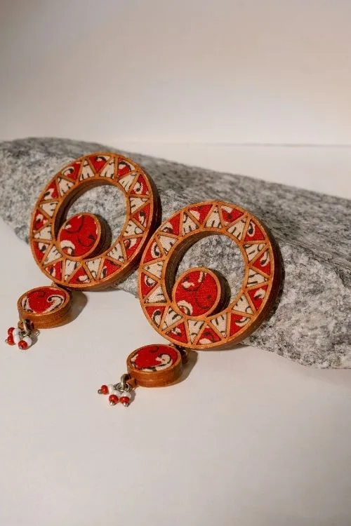 WHE Red WHEel Repurposed Fabric And Wood Earrings - Image 3