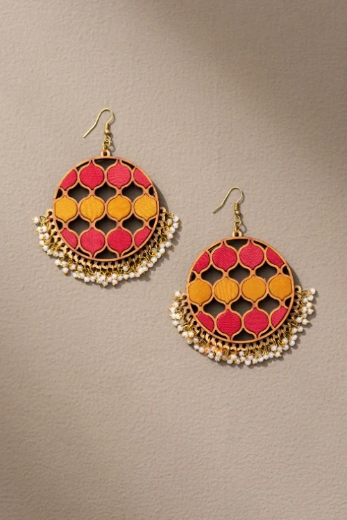 Whe Red Yellow Festive Upcycled Fabric & Repurposed Wood Statement Danglers