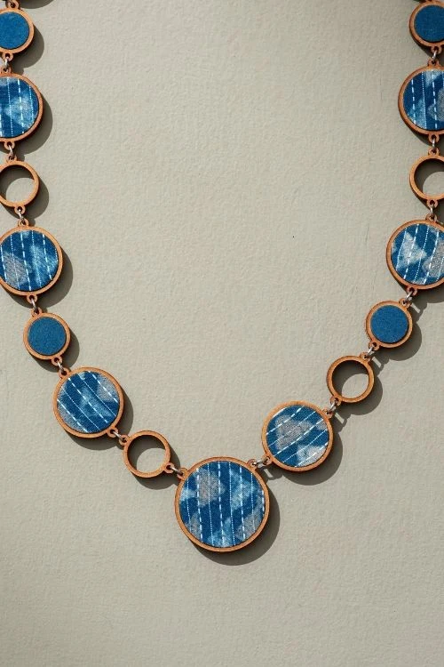 Whe Reversible 2-In-1 Blue Black Repurposed Fabric And Wood Necklace - Image 4