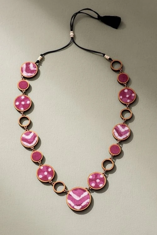 Whe Reversible 2-In-1 Pink Black Repurposed Fabric And Wood Necklace - Image 2