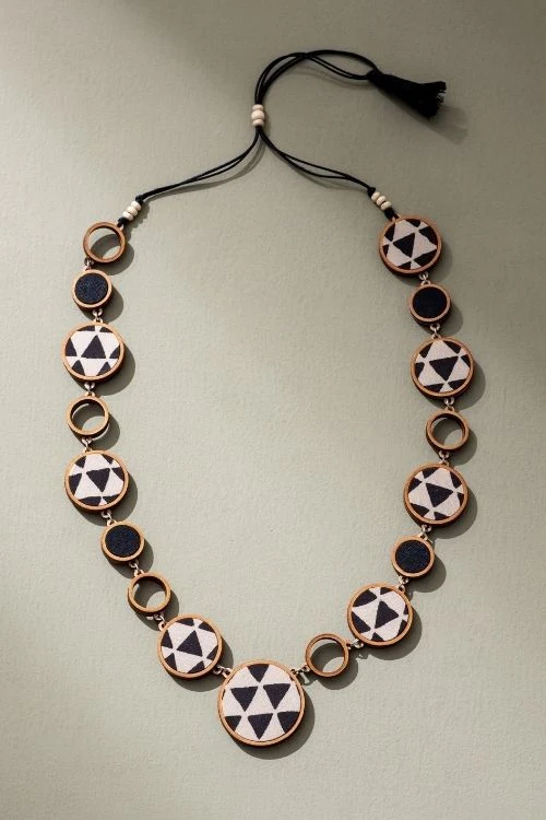 Whe Reversible 2-In-1 Pink Black Repurposed Fabric And Wood Necklace - Image 3