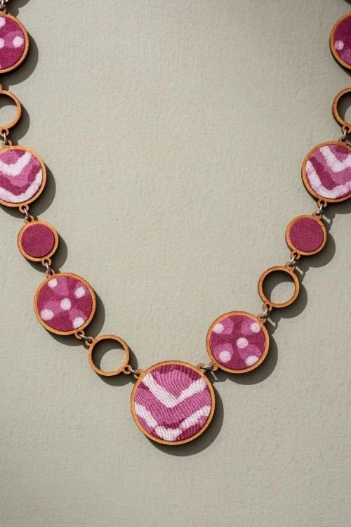 Whe Reversible 2-In-1 Pink Black Repurposed Fabric And Wood Necklace - Image 4