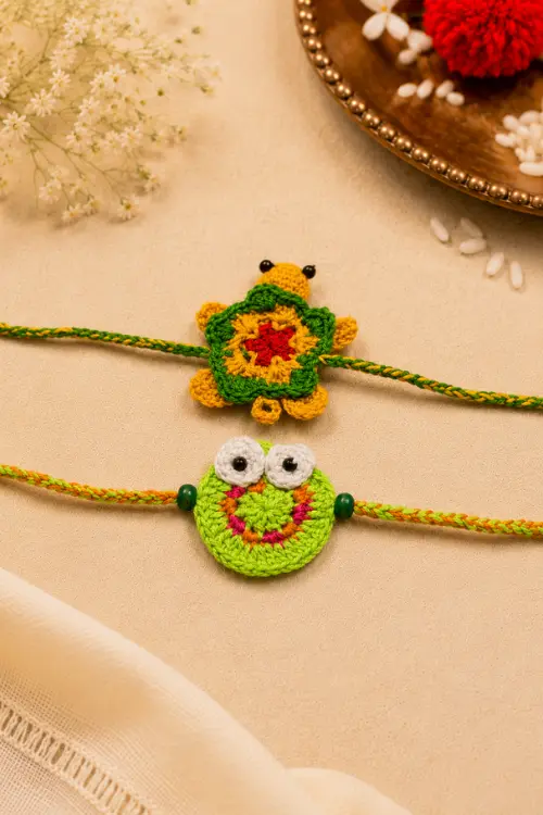 WHE Set Of 2 Handmade Crochet Frog & Turtle Rakhi Combo - Image 2