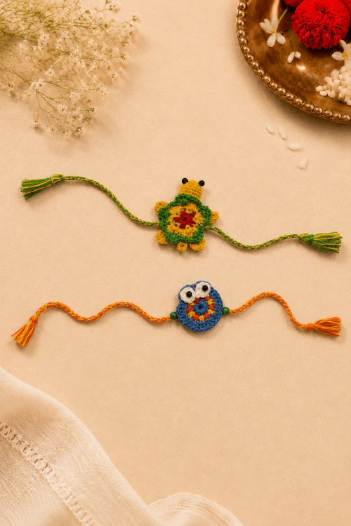 WHE Set Of 2 Handmade Crochet Turtle & Owl Rakhi Combo